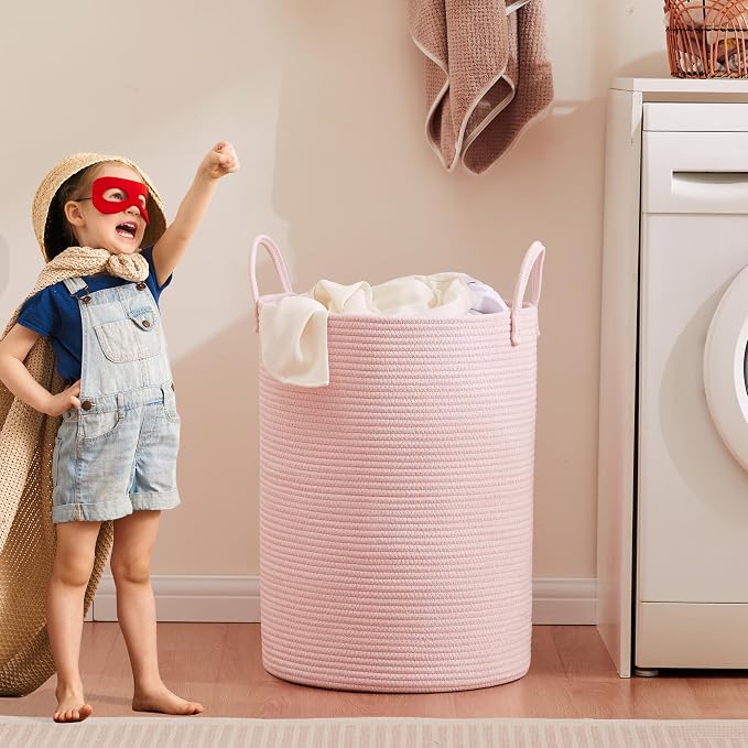 80L Large Pink Hamper Laundry Basket for Baby Girls Kids | Tall Hamper for Nursery Woven Rope Clothes Hamper for Little Girls Room Bedroom Light Pink 16"D x 22"H Extra Large
