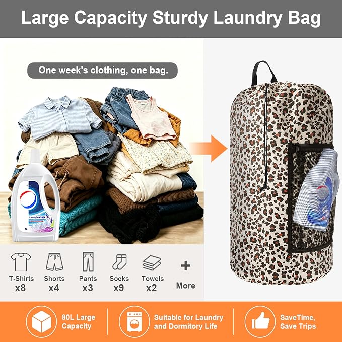 Laundry Bag Backpack Durable Laundry Bag with Shoulder Straps and Mesh Pockets Portable Laundry Hamper Dirty Clothes Bag for College, Travel, Laundromat, Apartment (Leopard Print)