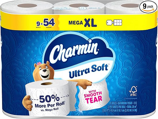 Charmin Ultra Soft Toilet Paper, 9 Mega XL Rolls = 54 Regular Rolls, 2-ply Bath Tissue