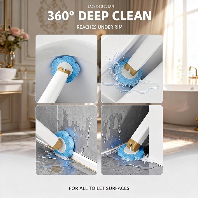 Disposable Toilet Brush with 54 Refills Holder Wall Mount Scrub Kit | Built-in cleaner, Ergonomic wand, Long handle, No wash,Click-discard, 2x Adhesive Sheet‌