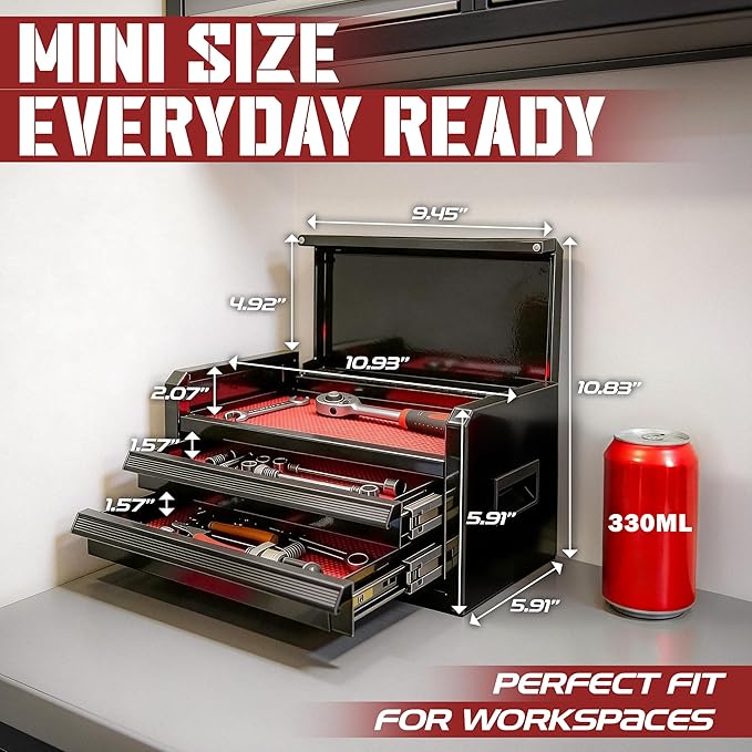 Mini Toolbox with 2 Drawers and Top Storage, Durable Tool Box Steel Construction with Ball-Bearing Slides, Multi-Purpose Portable Tool Boxes Case Organizer for Garage, Black