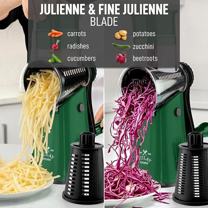 Zulay Kitchen Rotary Cheese Grater 5 Blade Cheese Shredder - Manual Hand Crank Cheese Grater With Reinforced Suction & 5 Interchangeable Drums - Easy to Use, Vegetable Chopper Round Mandoline Slicer