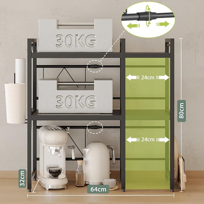 NETEL 3 Tier Expandable Microwave Stand countertop,Microwave Oven Rack | microwave shelf with Paper Towel and Chopping Board Holder, storage shelf for appliances,55 Lbs load Per Tier,Black
