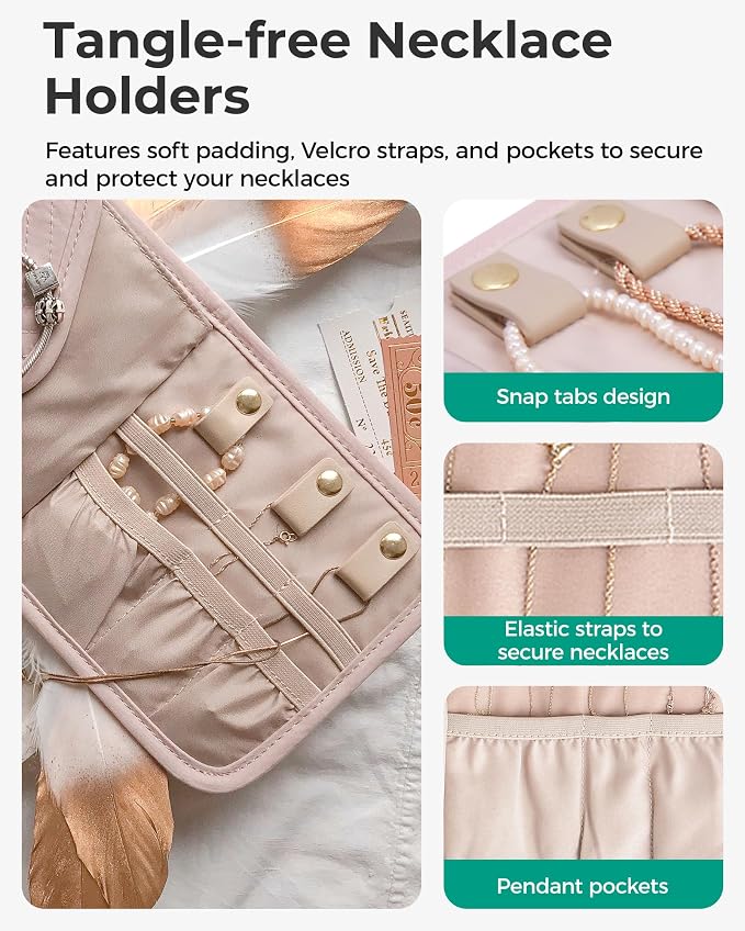 BAGSMART Travel Jewelry Organizer Case A Initial Foldable Jewelry Roll for Journey Rings, Necklaces, Earrings, Bracelets,Mini,Letter A,Soft Pink