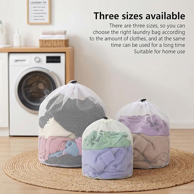 3 Pcs Mesh Laundry Bags, Drawstring Net Bags for Laundry Mesh Wash Bag Garment Bag for Washing Machine Home College Dorm Hotel Travel Family and Apartment Dwellers Use (3 Sizes)