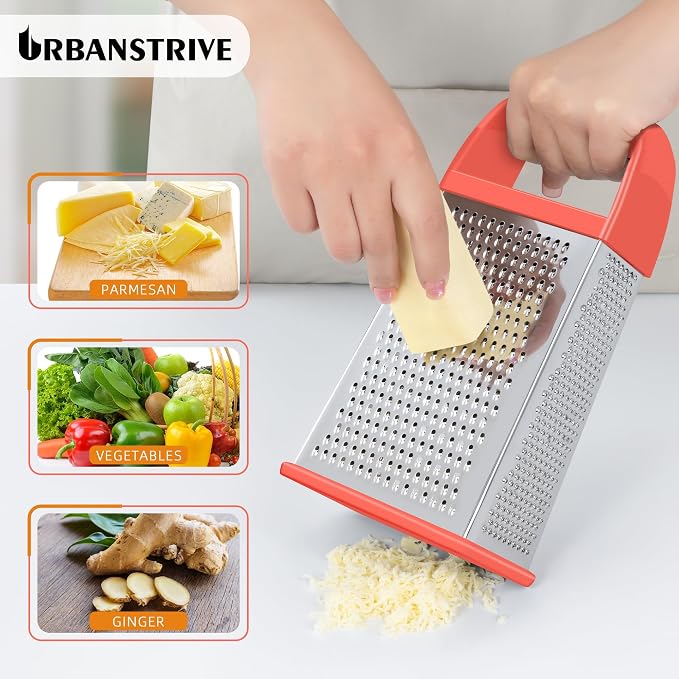 Urbanstrive Cheese Grater With Container, Professional Cheese Grater with Handle, Stainless Steel Graters for Kitchen Handheld, Box Grater with 4 Sides for Vegetables, Ginger, Potatoes (Coral)