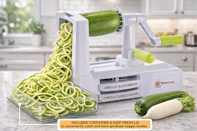 Brieftons 10-Blade Vegetable Spiralizer: Zoodle Maker & Veggie Noodle Maker, Potato String & Curly Fry Cutter, Japanese Steel Blades, Catch Container, Strong Suction Pad, 4 eBooks | Keto, Vegan, Paleo