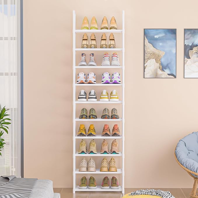 OYREL Shoe Rack, Sturdy Metal Space Saving Stackable Shoes Organizer | Closet, Entryway, Garage, Door Entrance, 10-Tier Narrow Shoe Shelf, Free Standing Shoes Holder, White