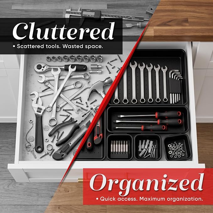 Masirs Interlocking Drawer Organizer Bins 8 Pcs, Desk Drawer Tray Set | Tool Box Organizer Tray, Kitchen Office Garage, Modular Plastic, 3 Sizes (2 Lg 3 Med 3 Sm), Black, Custom Layout