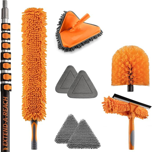 36 Foot High Reach Duster Kit with 5-30 ft Extension Pole // High Ceiling Dusting and Window Cleaning Kit with Telescopic Pole // Baseboard and Wall Washer Mop, Squeegee, Fan Blade & Cobweb Dusters