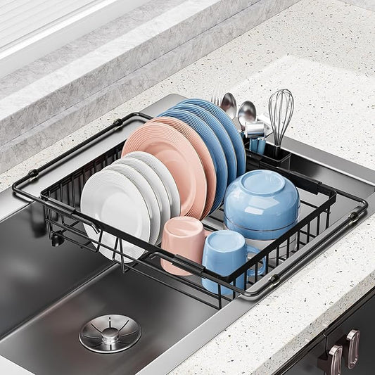 Expandable in Sink Dish Drying Rack - Adjustable Capacity Over The Sink Dish Drainer Drying Rack with Utensil Holder for Kitchen Counter, Drying Rack for Small Space,14.96“L x 11.81“W x 3.74”D