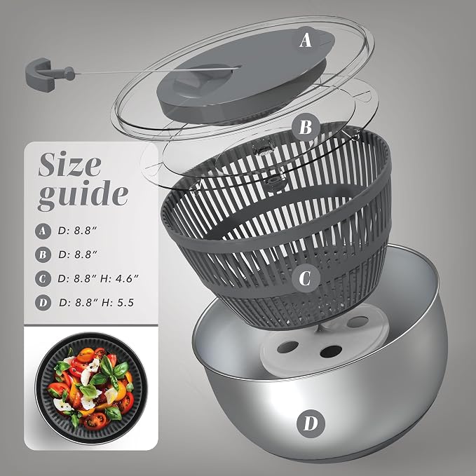 COOK WITH COLOR Stainless Steel Salad Spinner - 5 Qt. Lettuce Washer And Vegetable Spinner Dryer for Easy Salad Prep - Non Slip Base with Pull Handle - Auto Stop Brake System, Stain and Odor Resistant