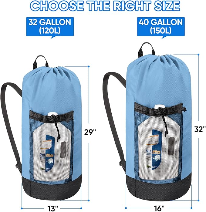 BALEINE 120L Laundry Bag Backpack, 900D Oxford Fabric Large Travel Laundry Bags with Shoulder Straps and 2 Mesh Pockets for College Dorm, Apartment, Laundromat (Blue, 120L)