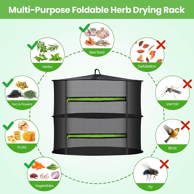 MEKOLIFE 2-Layer Hanging Herb Drying Rack, Small Mesh Net | 11.81 Inch Mesh Drying Rack with Zipper and Hooks, Indoor Outdoor for Herbs, Fruits, Seafood, Camping Food, Socks, Underwear