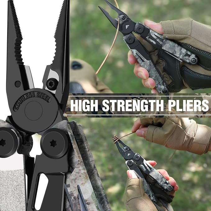 FLISSA 15-in-1 EDC Multitool Pliers with Sheath, Pocket Knife | Stainless Steel with Knife, Saw and Screwdrivers. Nylon Carry Case for Camping Fishing Survival, EDC Gear, Camo Finish