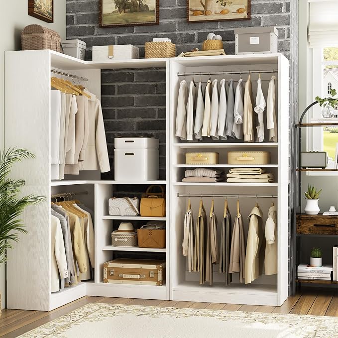 Unikito Corner Closet System, 72" L-Shaped Closet Organizer with 4 Hanging Rods, Heavy Duty Wood Garment Rack with Shelves, Freestanding Walk-in Closet Storage Tower for Bedroom, White