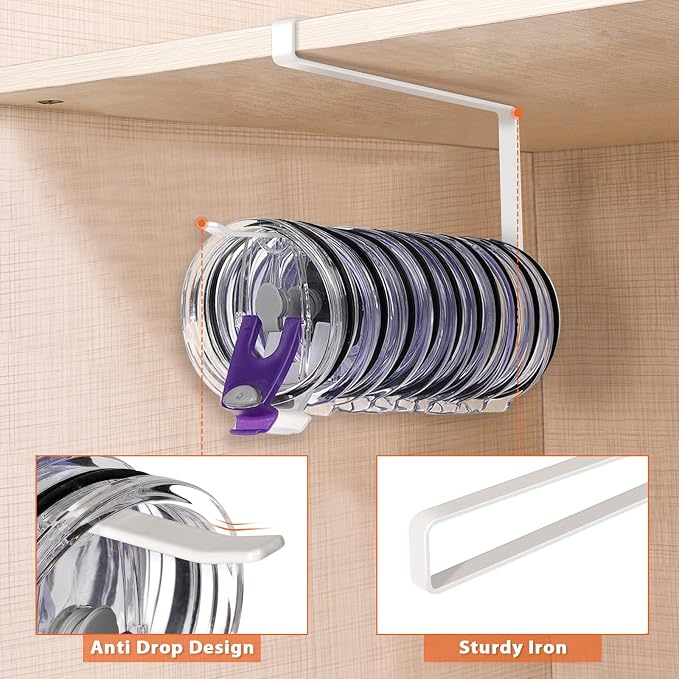Tumbler Lid Organizer, Versatile Tumbler Lid Storage Holds 10 Lids, White | Space Saving Cup Lid Organizers Inside Cabinet Tumbler Lid Hook for Kitchen Organizer and Storage, Paper Towel Rack Hanger