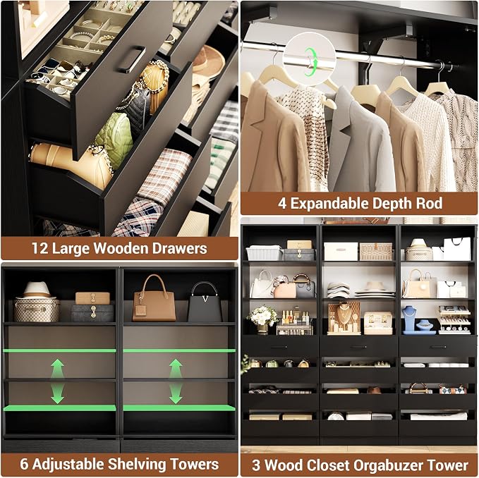 Aheaplus Closet System with 12 Drawers, 138.5" Wood Closet Organizer System with 4 Hanging Rods & Top Shelves, 6.7+4.85Ft L Shaped Corner Walk-in Closets Wardrobe Organizer Rack, Set of 3, Black