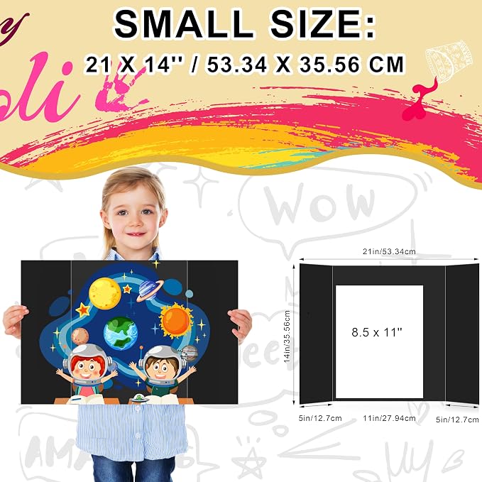 HAUTOCO 3 Pcs Small Trifold Poster Board 21'' x 14'' Project Boards | Corrugated Tri Fold Presentation Boards for Science Fair, School Projects, Event Displays & Business Presentations, Black