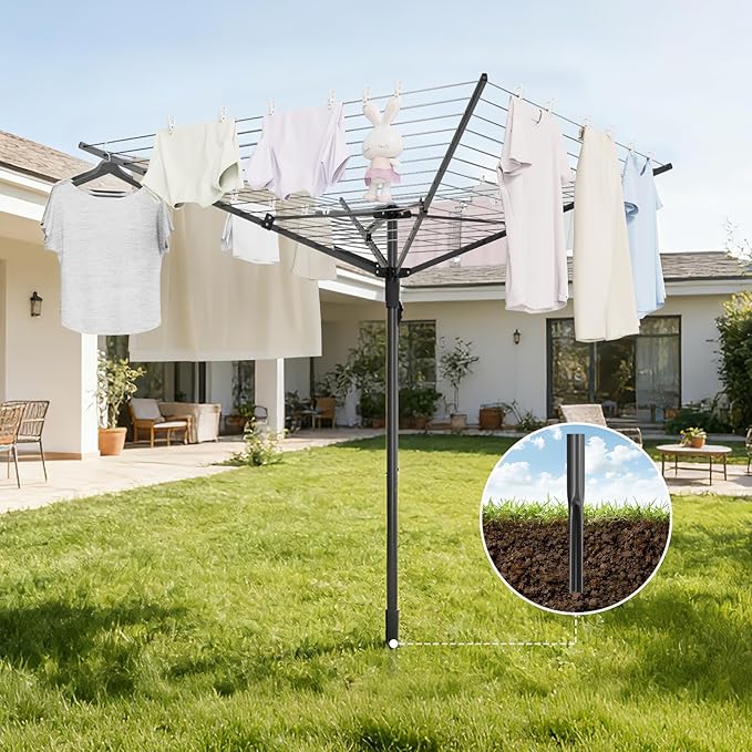Heavy Duty Outdoor Umbrella Drying Rack, Rotating Height Adjustable Clothesline for Large Blankets & Sheets, Perfect for Backyard Balcony Camping RV, Black