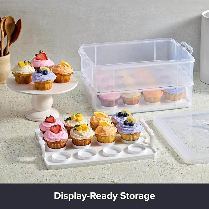 Snapware (2-Layer, 24 Cupcakes Plastic Detachable Cupcake Carrier Storage Container With Lid and Handle, Freezer Dishwasher Microwave Safe | BPA-Free Plastic | Detachable Trays | Secure Latching System | Freezer Safe | Top-Rack Dishwasher Safe | Odor R...