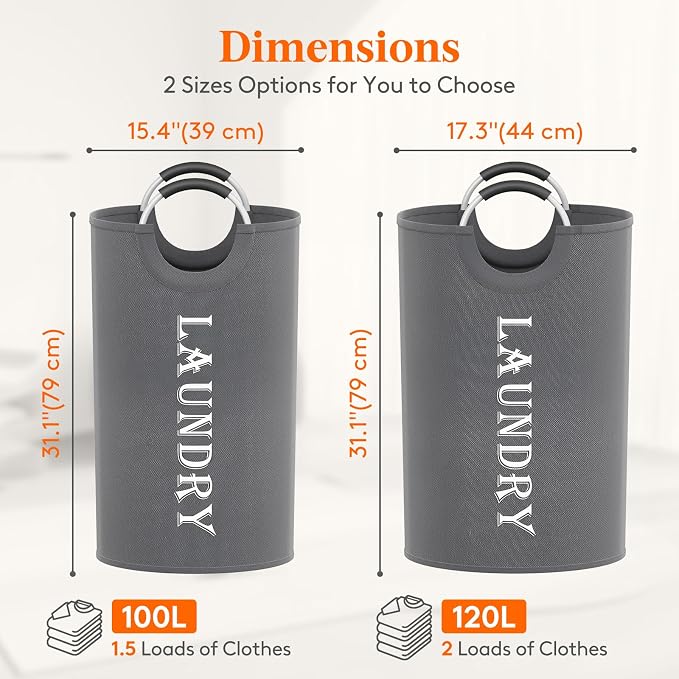 Lifewit 100L 2-Pack Large Laundry Basket, Collapsible Laundry Hamper with Aluminum Handles, Waterproof Freestanding Dirty Clothes Hampers for Laundry Room Bedroom Dorm Bathroom, Grey