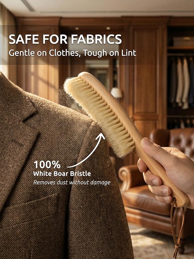 TAKAVU White Boar Clothes Brush for Suits, Large Beech Wood Handle | Lint Brush for Coats, Cashmere, Wool, Velvet & Suede Upholstery, Hats & Jackets, Natural Stiff Bristle Garment Care