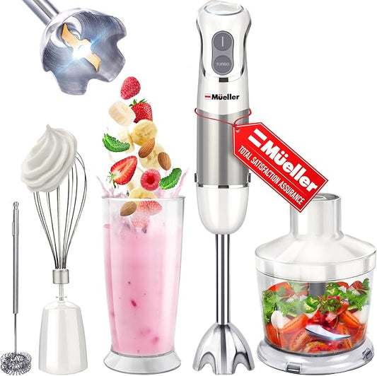 Mueller Multistick 800W 4-in-1 Immersion Blender Handheld, 12 Speed Hand Mixer - Turbo Boost, Heaviest Duty Copper Motor, Titanium Blades Hand Blender, Milk Frother Wand, Whisk, Beaker, Chopper, White