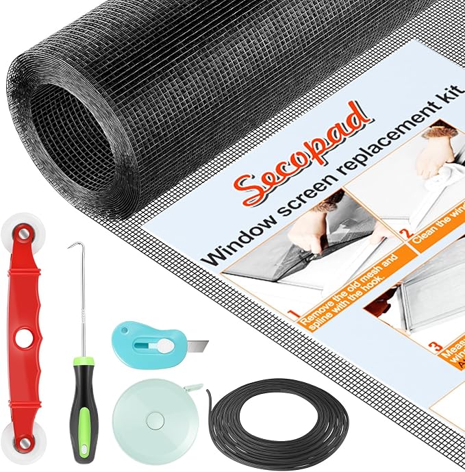 Secopad Window Screen Door Repair Kit, 59" x 159" Screen Door Mesh Replacement Kit, Durable Fiberglass Mesh Roll with Tools for Windows Doors Patio and Porch Replacement, Black | Replacement Tools Kit, Easy to Install, Extra Large, Durable Fiberglass, ...