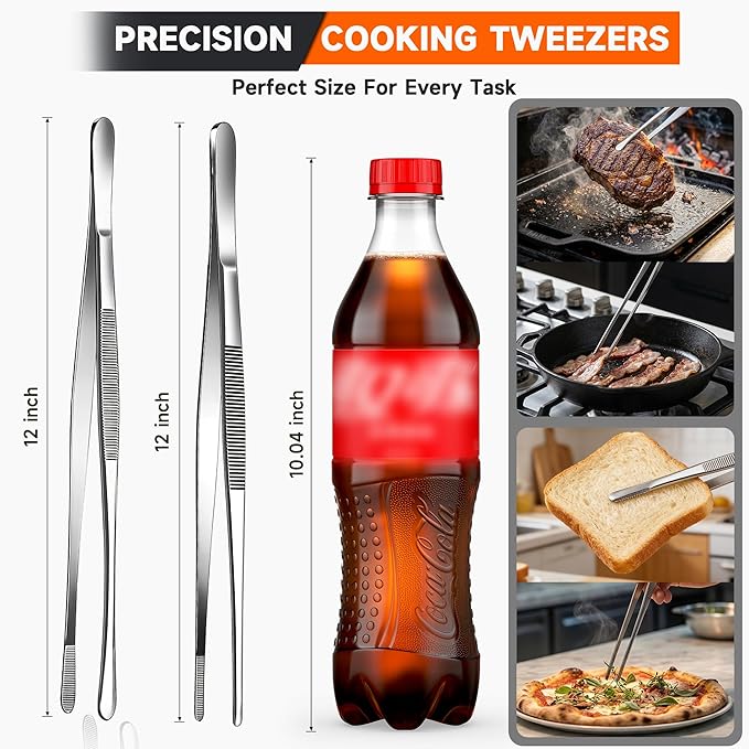 Kitchen Tweezers 2PC Cooking Tongs Set, Stainless Steel Food-Grade 12" Long Tweezers, Pointed & Rounded Tip Metal Tongs for Cooking, Kitchen Gadgets for Grilling, BBQ, Pasta, Food Serving