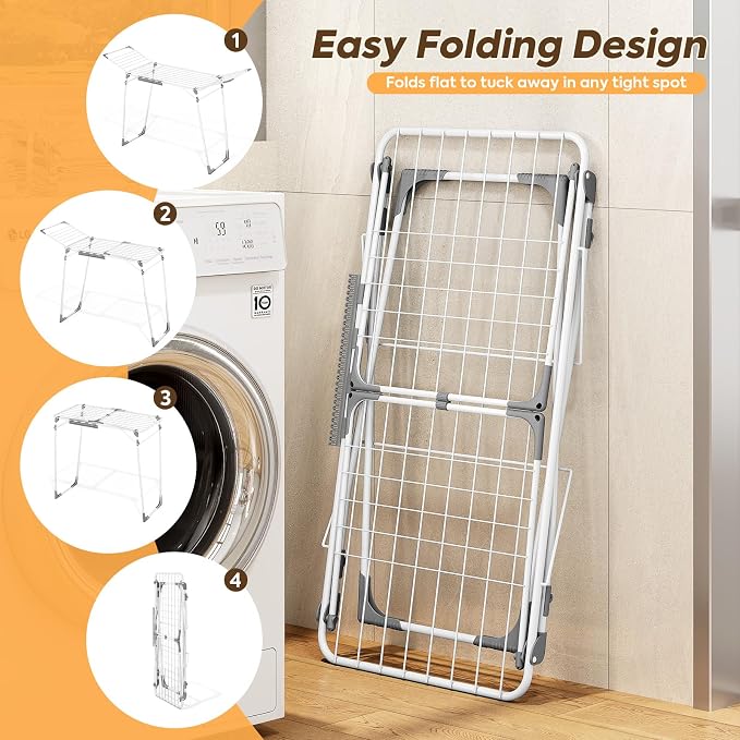 KINGBOARD Clothes Drying Rack, Gullwing Drying Rack with Sock Clips, White | For Family Laundry, Spacious Design with 2 Sturdy Frame Supports, Holds Up to 37lbs, Non-slip Feet, for Indoor/Outdoor Use