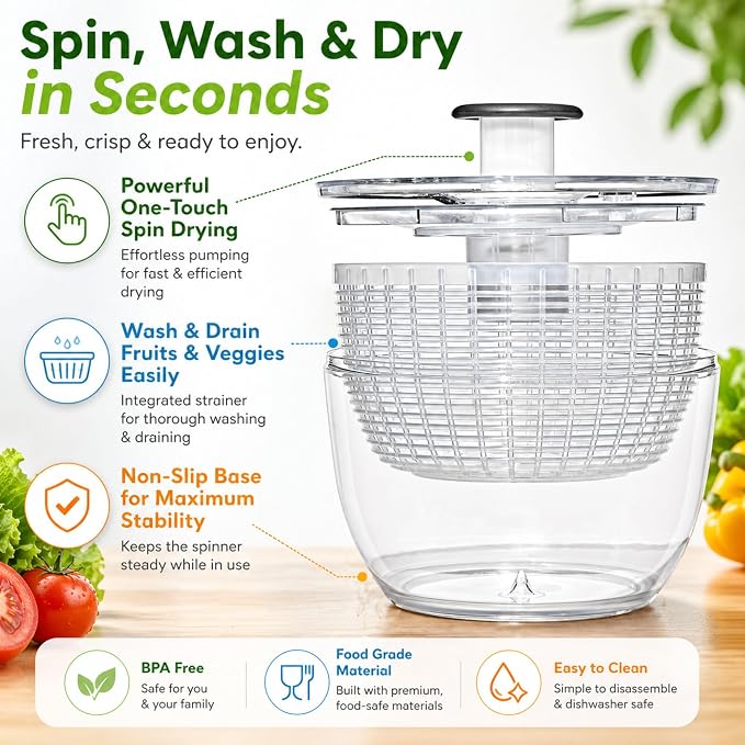 Good Grips Salad Spinner 6.3 Qt – Large Lettuce Spinner & Salad Cleaner with Bowl & Lid, Fruit Washer, Vegetable Cleaner, Strainer Bowl, Fast Drying Multipurpose Kitchen Tool