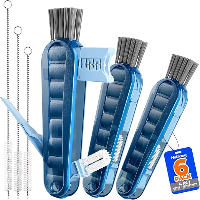 Holikme 6 Pack 4 in 1 Cup Lid Cleaning Brush 3 Straws Bottle Brush,Navy | 4 in 1 Cup Lid Cleaning Brush Multifunctional Bottle Brush, Silicone Cup Lid Gap Cleaner, Bristle Crevice Cleaning Brush