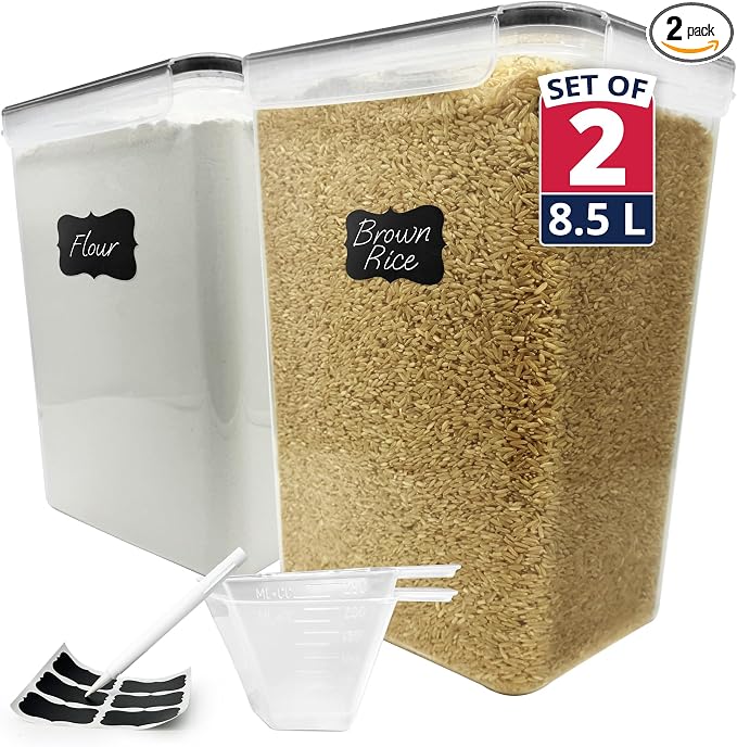 Reli. Airtight Food Storage Containers Stackable 8.5L Flour Sugar (2 Pack) | Pantry Storage, XXL, Freshness Seal, Dry Goods, See-Through, Labels, Measuring Cup, BPA Free, Leak-Proof, Reusable