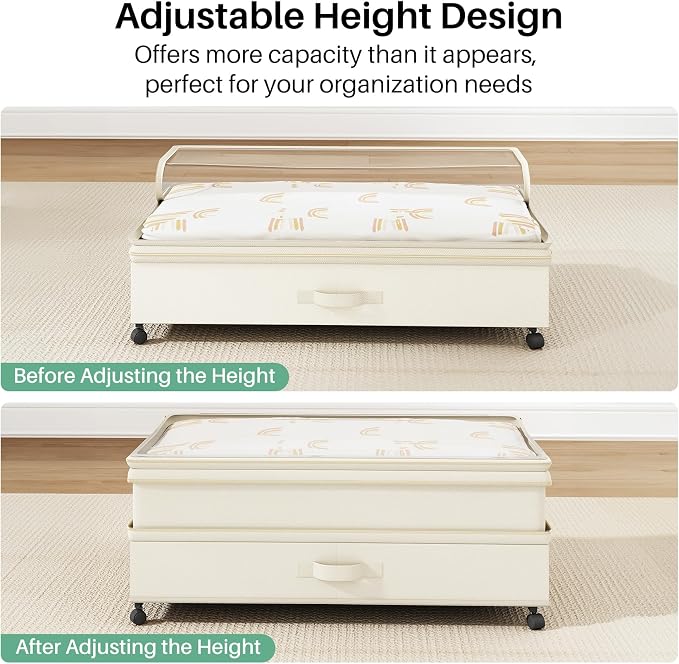 Kitstorack 2Pack Height-adjustable Under Bed Storage with Wheels, Under Bed Storage Containers,Under Bed Shoe Storage Organizer with Clear Window&Label, Suitable for Clothes Storage, Beige