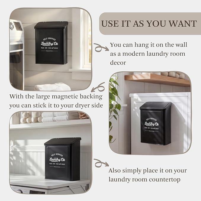 MONJITA Magnetic Lint Bin for Laundry Room, Metal Trash Can with Lid for Dryer, Farmhouse Lint Holder, Laundry Co Sign, Laundry Room Storage Decor with Dryer Lint Brush (Black-Dryer Ball Set)