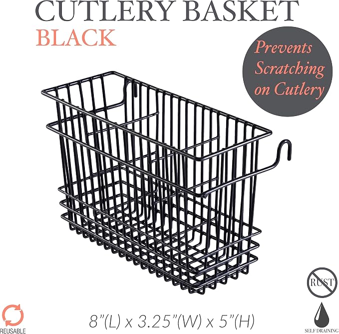 Kitchen Details Cutlery Basket | Hanging | Attach to Standard Dish Drying Rack | Utensil Caddy | Vinyl Coated | 3 Compartment | Black