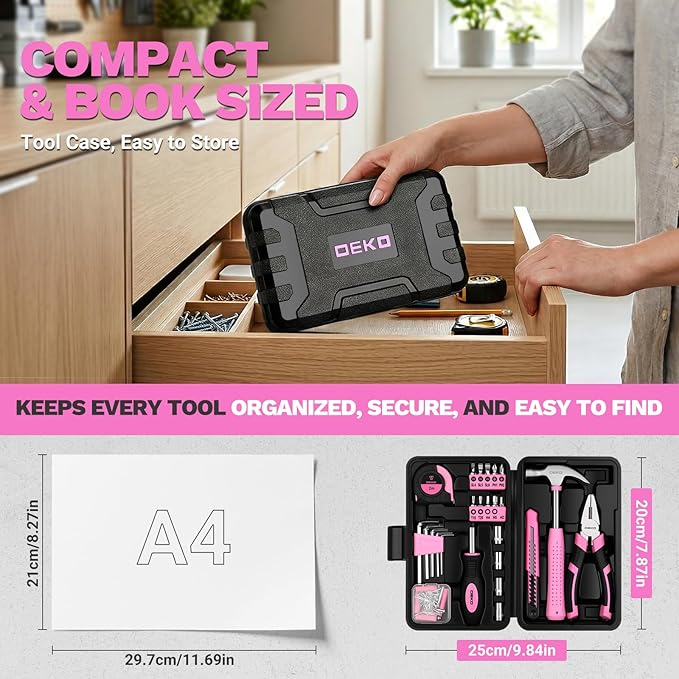 DEKOPRO 94 Piece Pink Tool Set, Household DIY Tool Kit for Women with Storage Toolbox, Small Basic Hand Tool Box Set for Home Repair, DIY, Apartment, Office