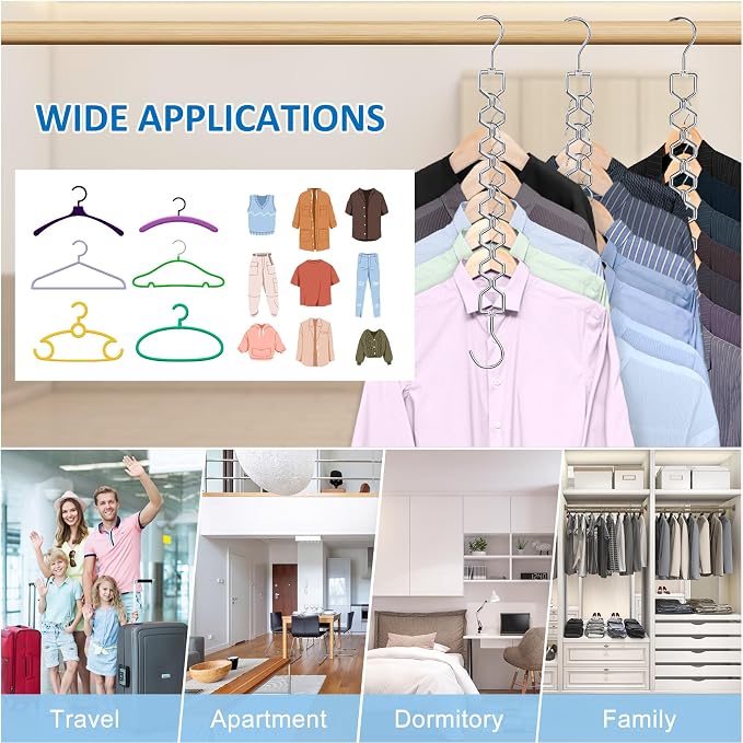 12 Pack Space Saving Hangers for Clothes, Sturdy Metal Hangers Heavy Duty | Magic Clothes Space Saver Hanger Organizer with 360° Swivel Hook, Closet Organizers and Storage Dorm Room Essentials Silver