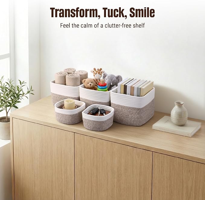 5-Pack Storage Cubes Woven Rope Baskets - 2 Sizes Organizer Bins for Closet, Shelf, Bookshelf, Nursery, Changing Table, Cube Storage Bins, Storage Baskets for Bathroom Toy & Home