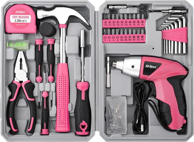 Hi-Spec 4V Electric Ladies Screwdriver Tool Kit Compact Portable Case, Pink | 42pc, everyday fixes made easier, organized portable storage, beginner-friendly selection, apartment and office tasks, tidy