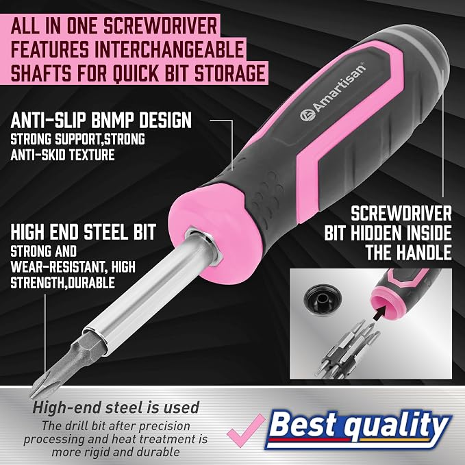 Amartisan 18-in-1 Multi-bit Screwdriver Set | Portable Multi-Purpose Screwdriver, Slotted/Philips/Pozi/Torx/Square,Nut Driver (Pink)