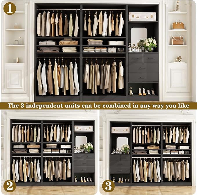 Unikito 98” Closet System with Mirror & 4 Drawers, 8.2FT Heavy Duty Wood Closet Organizer with 4 Hanging Rods, Large Walk-in Wardrobe Garment Rack with Adjustable Shelves, Black