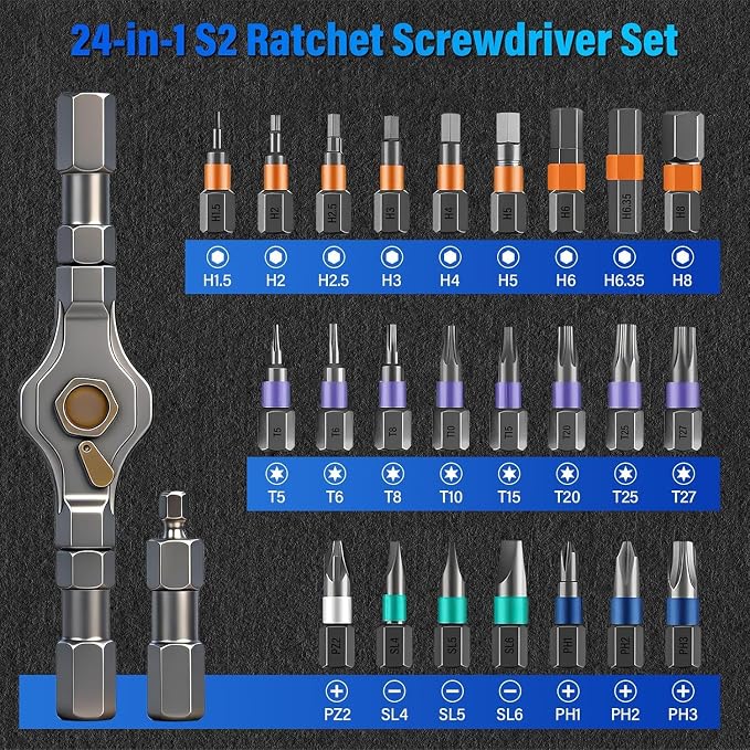 24 in 1 Magnetic Screwdriver Set, Precision Mini Screwdriver Set with S2 Steel Bits & Aluminum Handle, Compact Repair Tool Kit for PC, Laptop, Electronics, Bicycle, Furniture & DIY