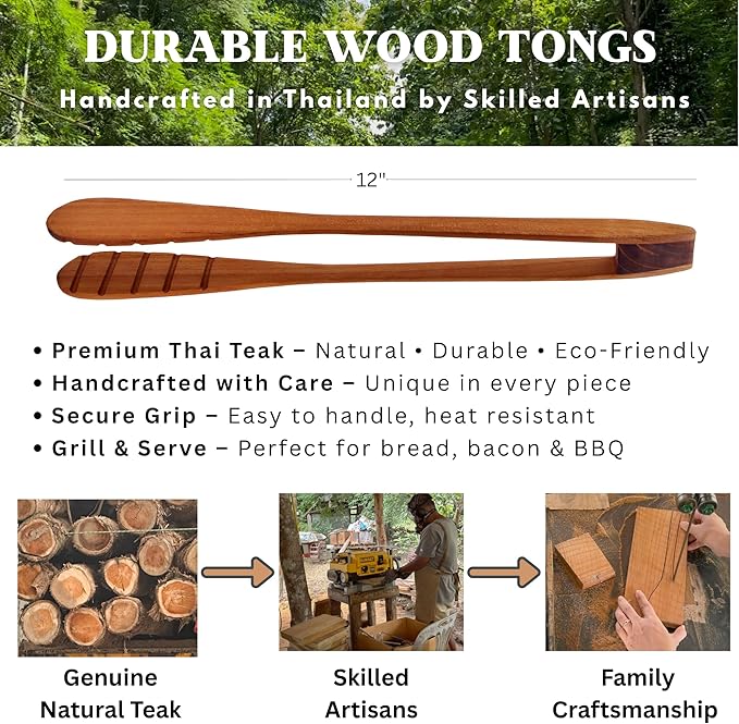 Teak Wood Toast Tongs – 12 Inches Long Wooden Toaster Tongs with Anti-Slip Design for Bread, Meat, and Pasta