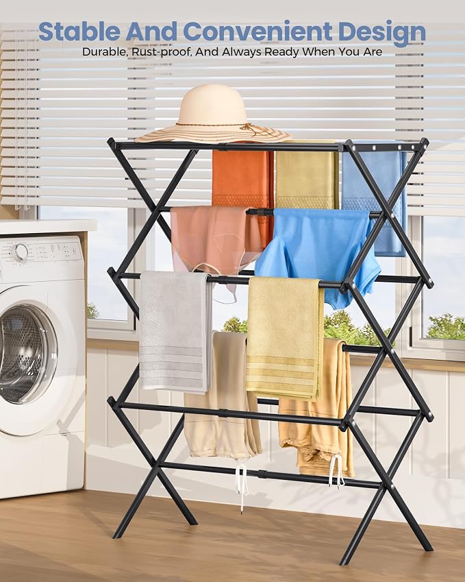 APEXCHASER Oversize 3-Tier Clothes Drying Rack, No Install, Black | Expandable Design, Non-slip feet, Tool-free Setup, Rust Prevention, Sturdy Construction, 14.9" D x 29.3" W, Holds 24lbs