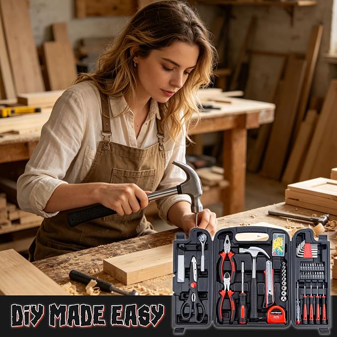 CARTMAN 140-Piece Household Tool Kit, Hand Tools Set with Organized Storage Case for Home DIY Repairs | All-in-one household tools for daily repairs & DIY projects. Portable design with tidy storage space.