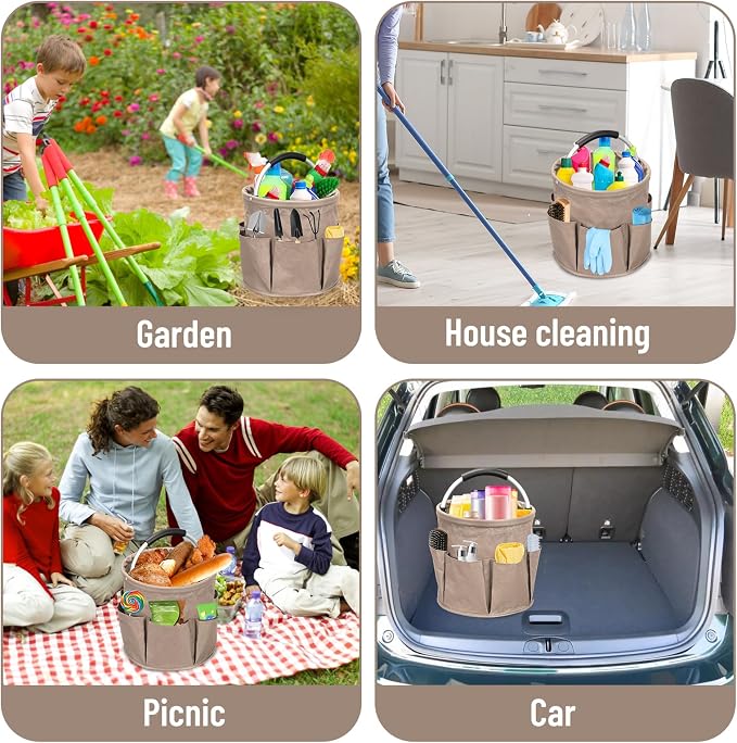 mumisuto Wearable Cleaning Caddy，Cleaning Supplies Organizer Foldable Basket Bucket Tool with Handle Cleaning Bag for Cleaning Professionals, Auto Detailers, Housekeepers (Khaki)