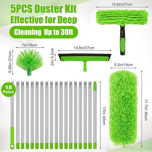 30 Feet High Reach Duster Kit with 2-24 ft Extension Pole High Ceiling Dusting and Window Cleaning Kit with Window Washer & Squeegee, Cobweb Duster, Washable Head for Ceiling Fan(Green)