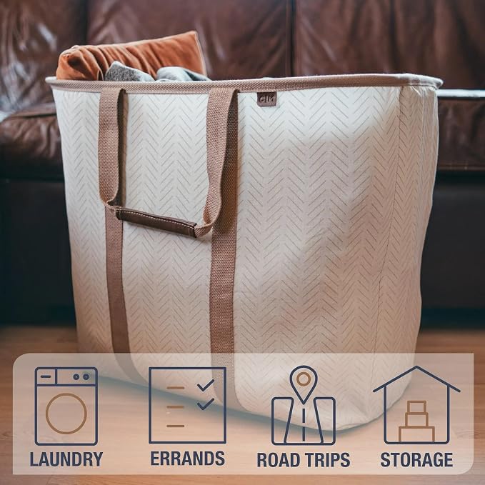 CleverMade LUXE Collapsible Laundry Caddy, 64L, 2 Pack, Navy Noir | Refined fabric and vegan leather details suit open rooms. The structured frame carries 2 loads and folds flat for storage.